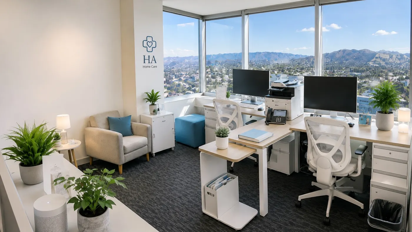 HA Home Care's North Hollywood office, with city and mountain views